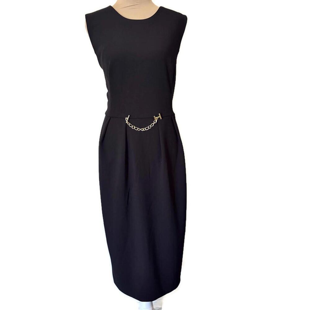 Vintage Halston Black Stretch Pleated Midi Dress w/ Chain Hardware Classic Glam